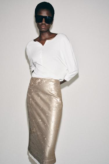 Zara ZW COLLECTION SEQUIN MIDI SKIRT - Beige