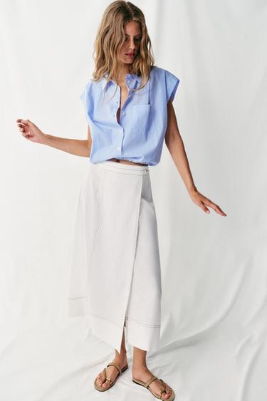 CAMISA CURTA BALÃO - Azul / Branco da Zara