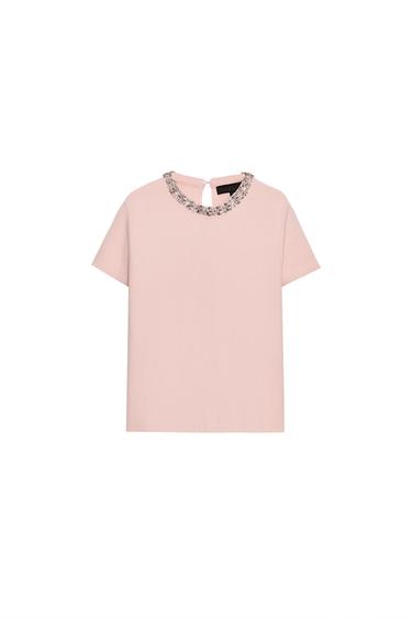 KNIT TOP WITH BEADED JEWELS - Pastel pink by Zara