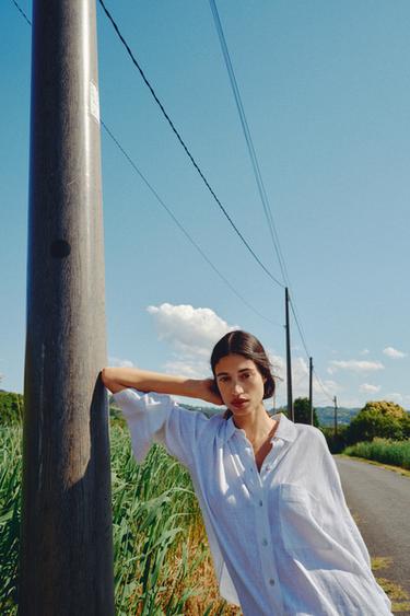 Zara Beyaz - KETEN KARIŞIMLI OVERSIZE GÖMLEK
