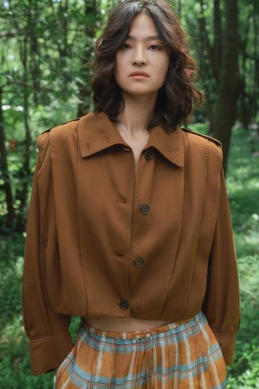 PLEATED JACKET WITH TABS ZW COLLECTION - Chocolate by Zara