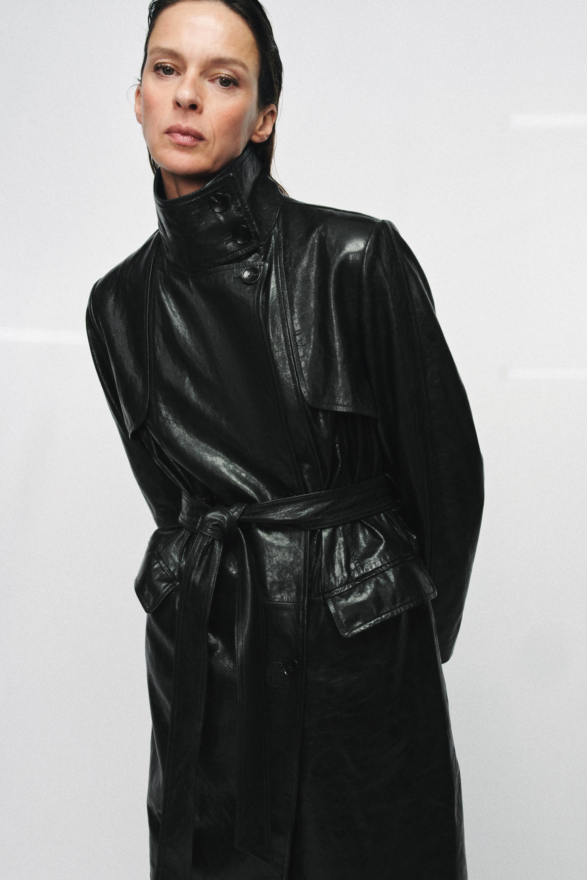 大久保 100% LEATHER SHOULDER PAD TRENCH COAT ZW COLLECTION LIMITED