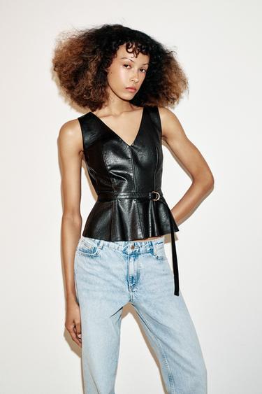 Zara BELTED FAUX LEATHER TOP - Black
