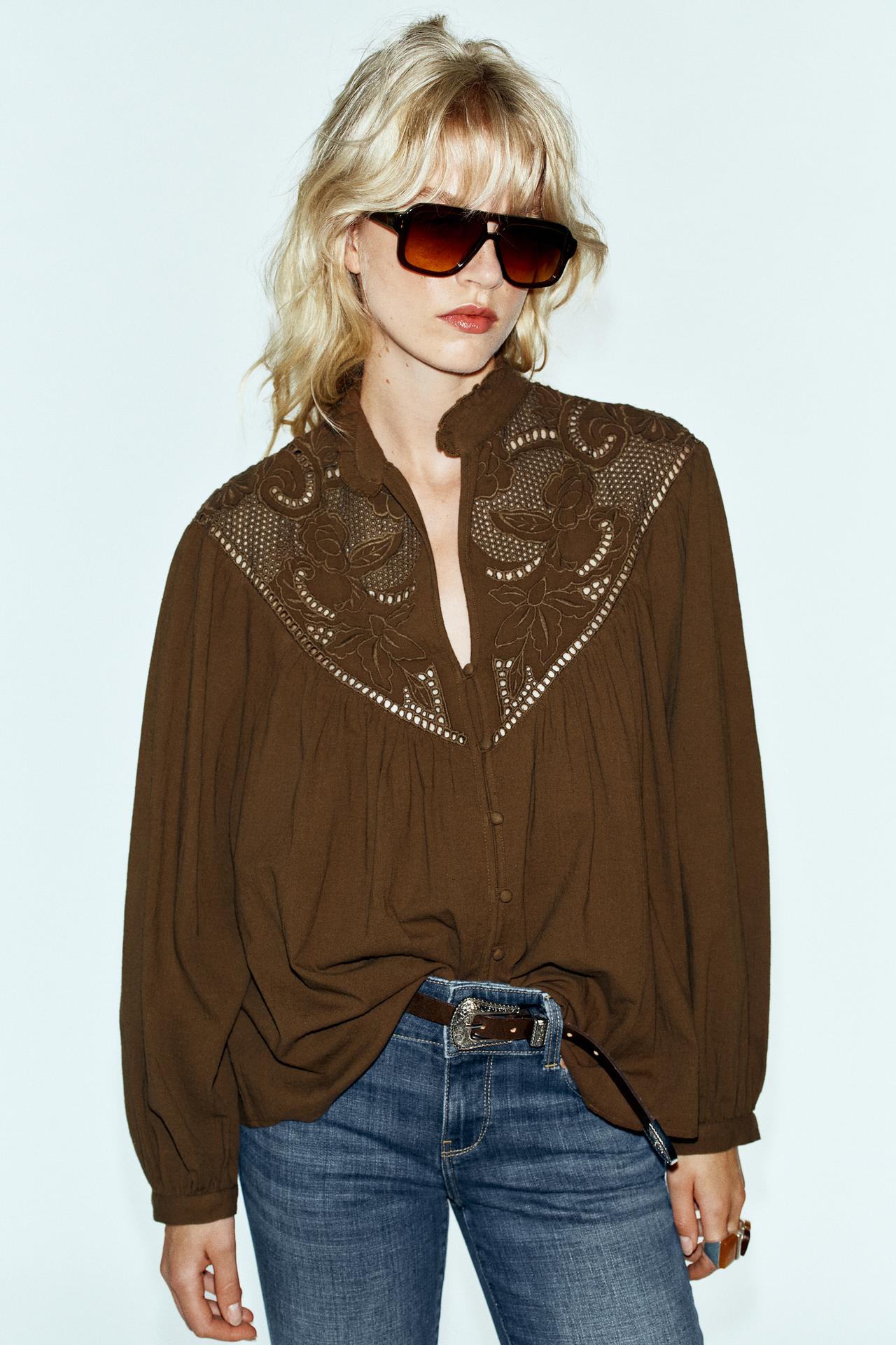 EYELET EMBROIDERY BLOUSE — Khaki