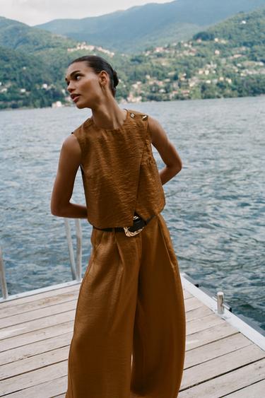 WIDE SATIN TROUSERS WITH BELT - Caramel by Zara