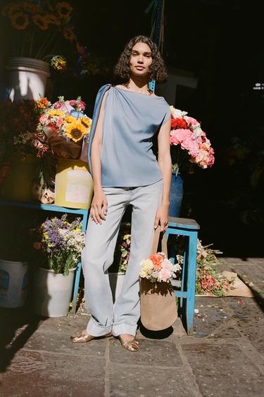 JEANS Z1975 STRAIGHT FULL LENGTH TIRO ALTO CINTURA CRUZADA - Azul claro de Zara