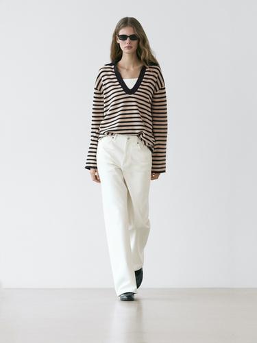 Zara Striped V-neck knit sweater - Navy blue - Image 0