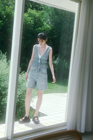 ギンガムチェック柄リボントップス青色/白色0Zaraのギンガムチェック柄リボントップス - 青色/白色 - 画像 0