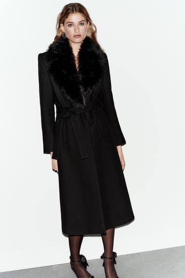 WOOL COAT WITH FAUX FUR COLLAR AND BELT - Black by Zara