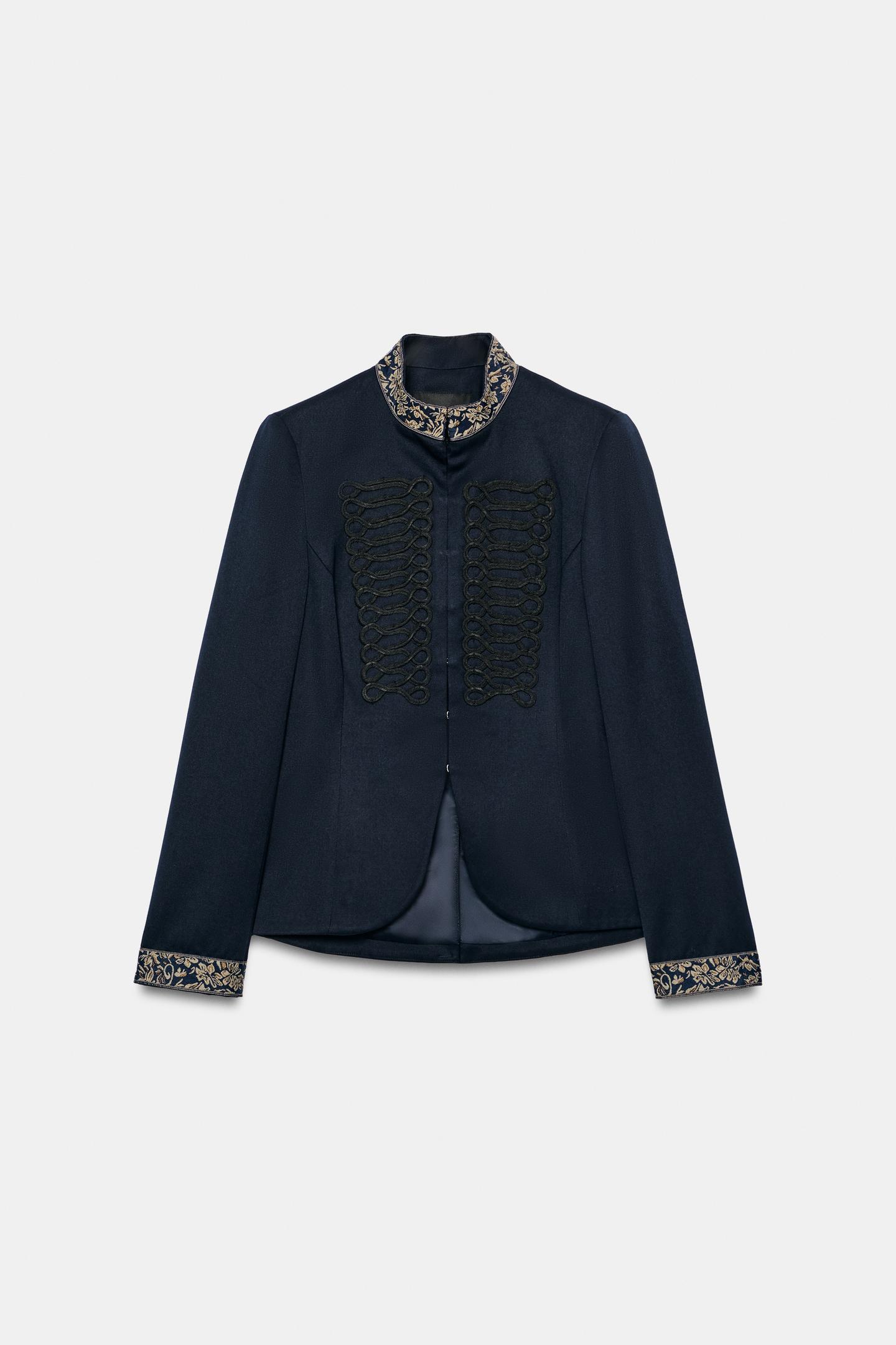 Женская куртка Zara ZW Collection Contrast Embroidered Frog Fastening Wool, цвет: Тёмно-синий — фото 5