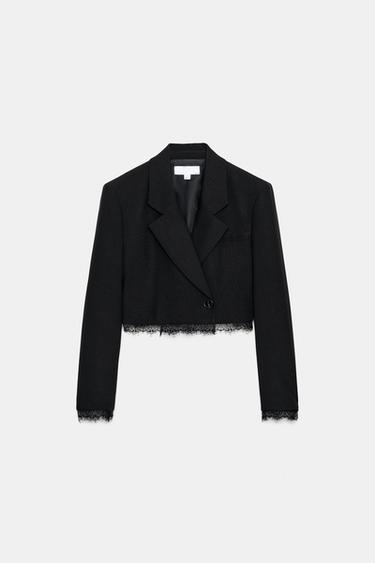 Zara CROPPED LACE TRIM BLAZER - Black
