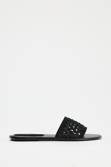 CROCHET FLAT SLIDER SANDALS - Black by Zara