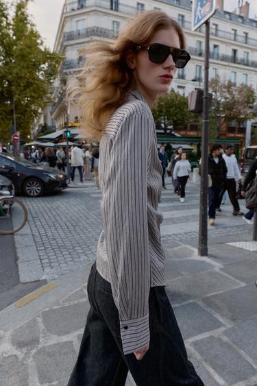 CHEMISE CACHE-CŒUR À RAYURES AVEC NŒUD - Gris chiné de Zara - Image 3