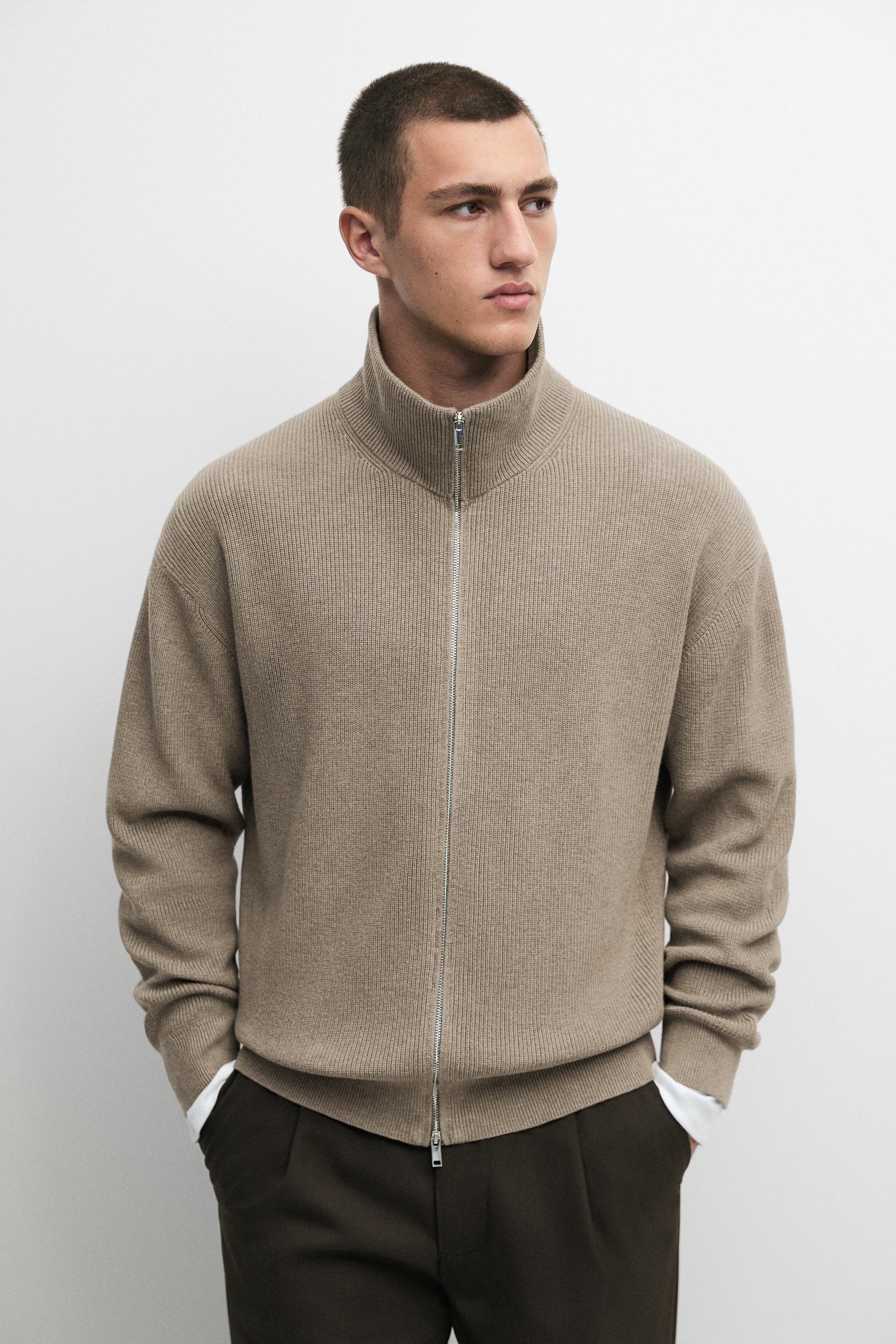 100% cotton ribbed knit cardigan — Khaki marl