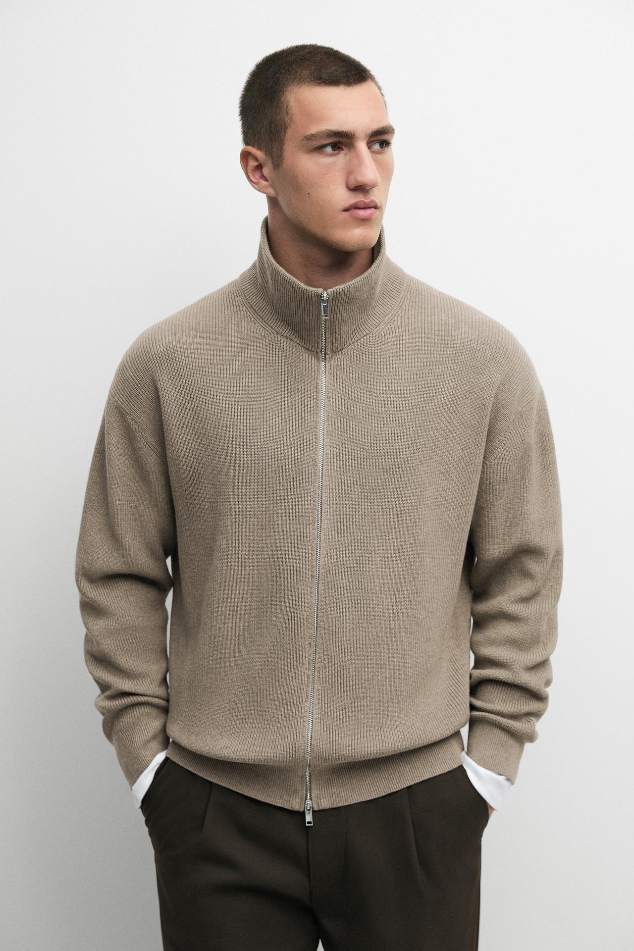 100% cotton ribbed knit cardigan — Khaki marl