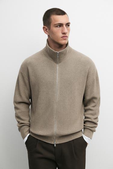 Zara 100% cotton ribbed knit cardigan - Khaki marl