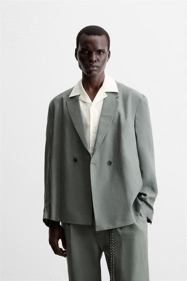 DOUBLE-BREASTED 100% LINEN SUIT BLAZER - washed green by Zara