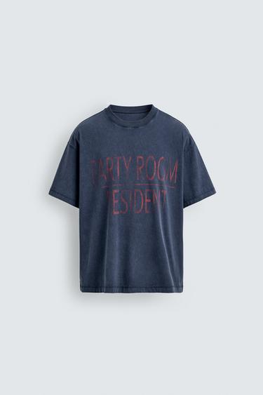 Zaras T-SHIRT MED TEXT OCH BLEKT EFFEKT - Blå