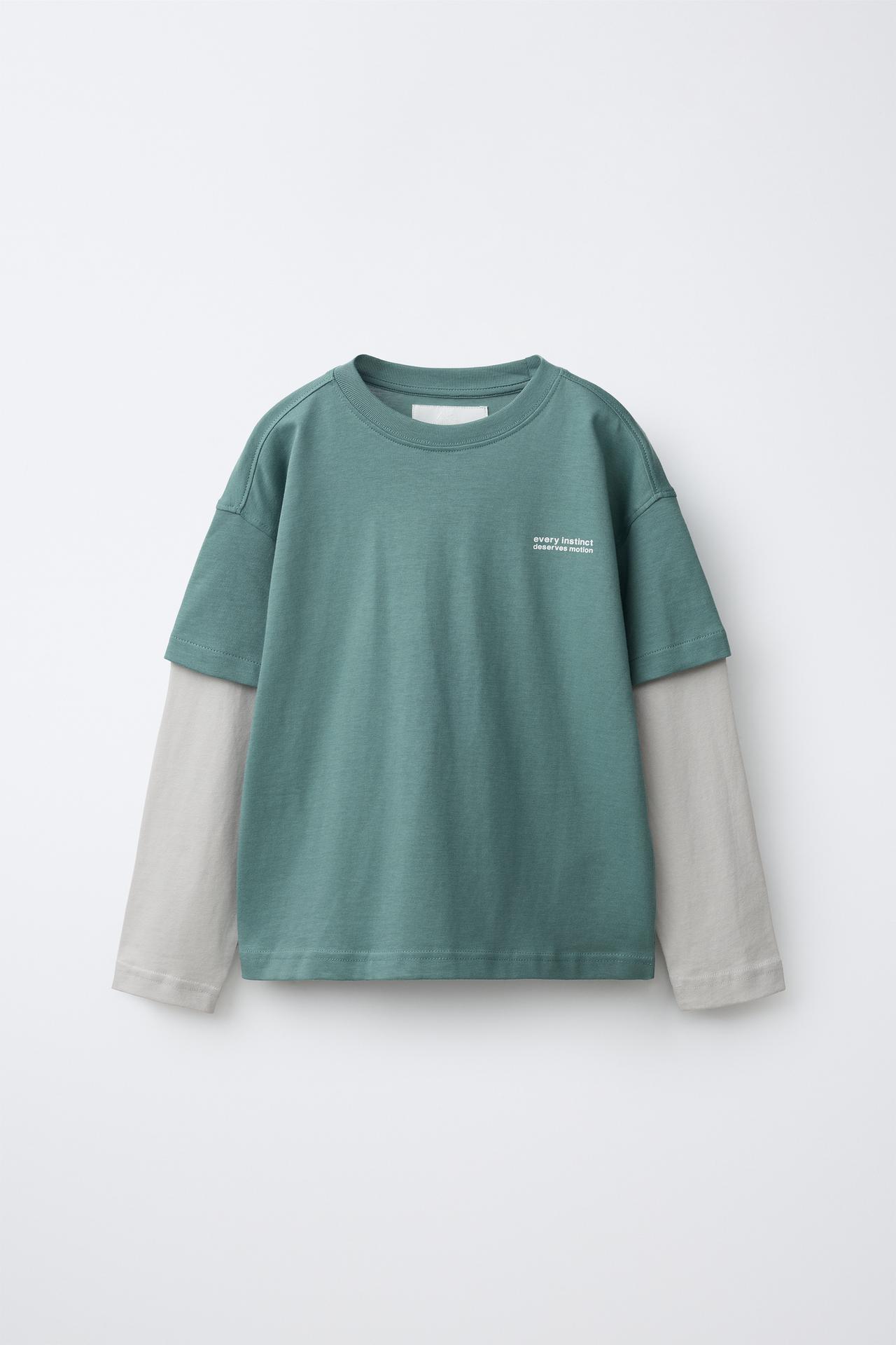 DOUBLE-SLEEVE TEXT T-SHIRT — Mid-green