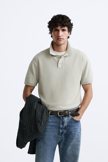 Zara TEXTURED KNIT POLO - Gray