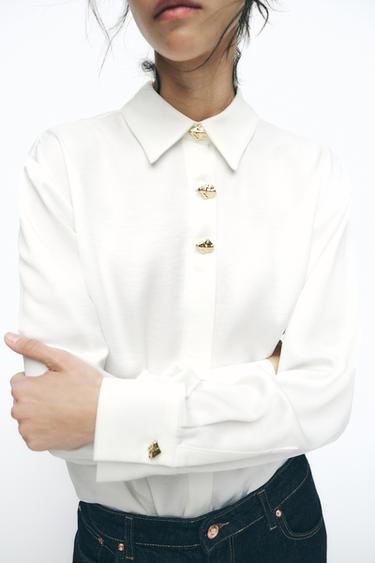 Zara GOLD BUTTON SATIN EFFECT SHIRT - White