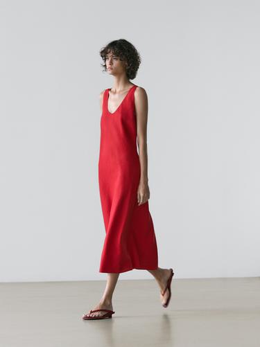 Robe midi bretelles 100 % lin - Rouge de Zara