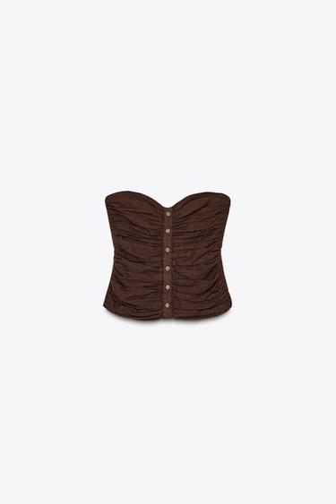 LINEN BLEND GATHERED BUSTIER TOP - Brown by Zara - Image 3