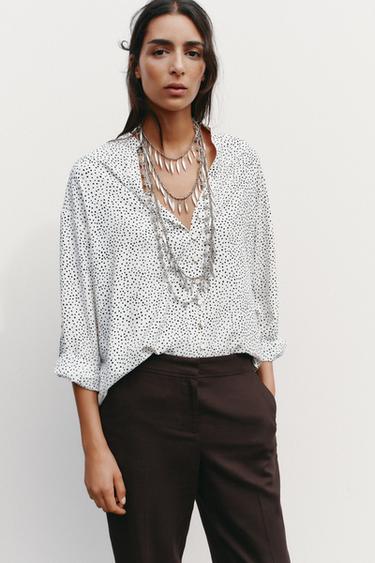 CAMICIA A POIS MANICHE RISVOLTABILI - Ecrù / Nero di Zara