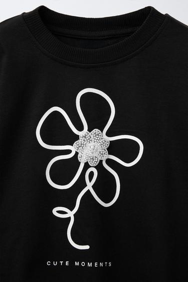 T-SHIRT À IMPRIMÉ FLEURI ET PERLES - Noir de Zara - Image 2