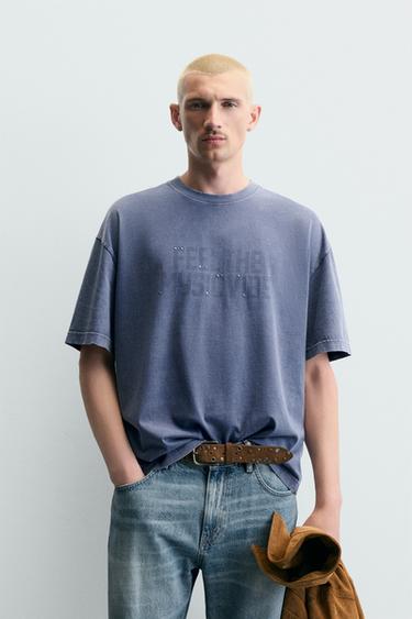 Zara WASHED TEXT PRINT T-SHIRT - Blue