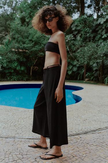 PANTALON JUPE-CULOTTE EN LIN AVEC CEINTURE TRESSÉE - Noir de Zara - Image 3