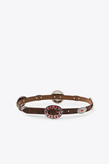 LEATHER BELT WITH STONES - Brown by Zara