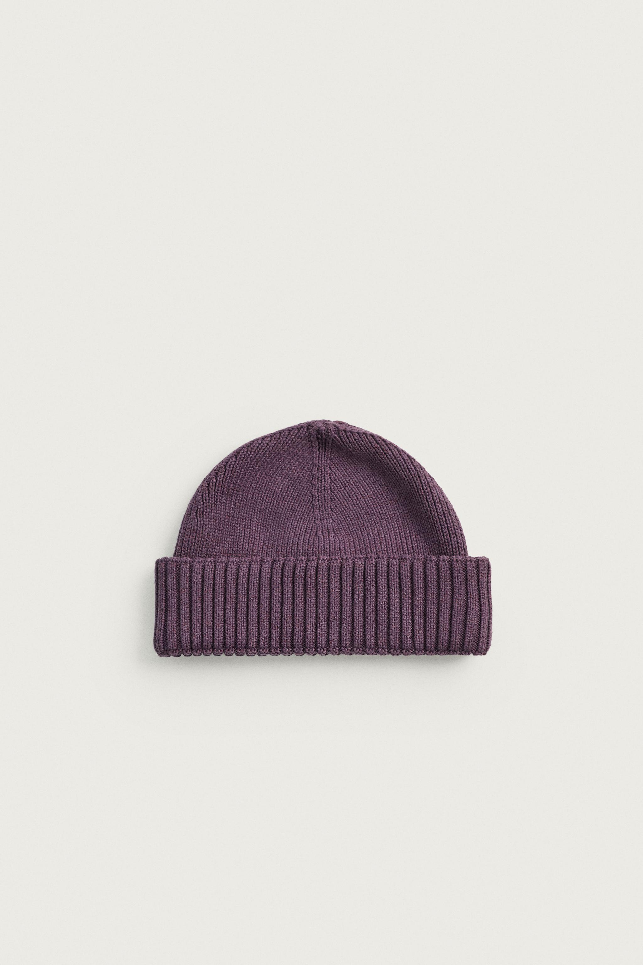 COTTON BLEND SHORT KNIT BEANIE — Purple