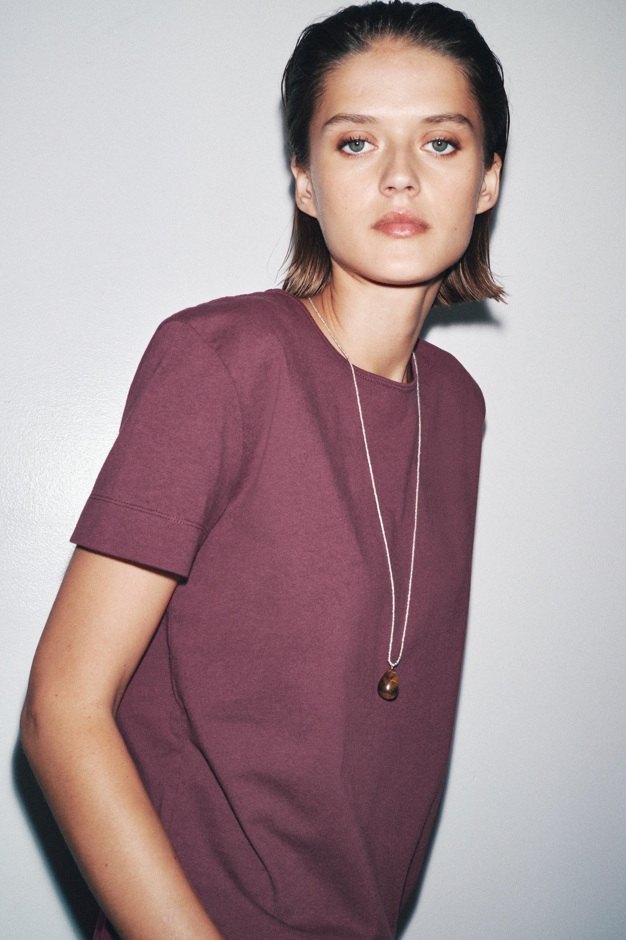 SHORT SLEEVE TEXTURED COTTON T-SHIRT - Burgundy | ZARA