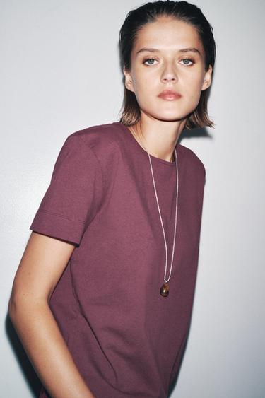 БАВОВНЯНА ФУТБОЛКА З КОРОТКИМИ РУКАВАМИ У СТИЛІ РУСТИК - Бордовий Zara