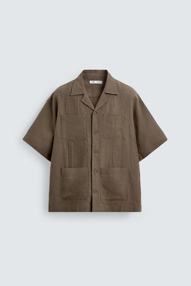 KOSZULA RELAXED FIT 100% LEN Z KIESZENIAMI I PLISAMI - Brązowy / Popielaty Zara