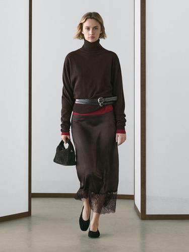 Zara Lace-trimmed slip midi skirt - Brown - Image 0