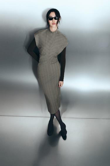Zara 人字紋中長版洋裝 - 灰色 / 米色