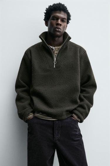 MOLETOM COM ESTRUTURA E GOLA COM ZÍPER - Verde-escuro da Zara