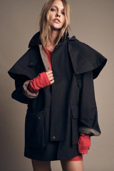 Zara CONTRAST COLLAR HOODED TRENCH ZW COLLECTION - Blue