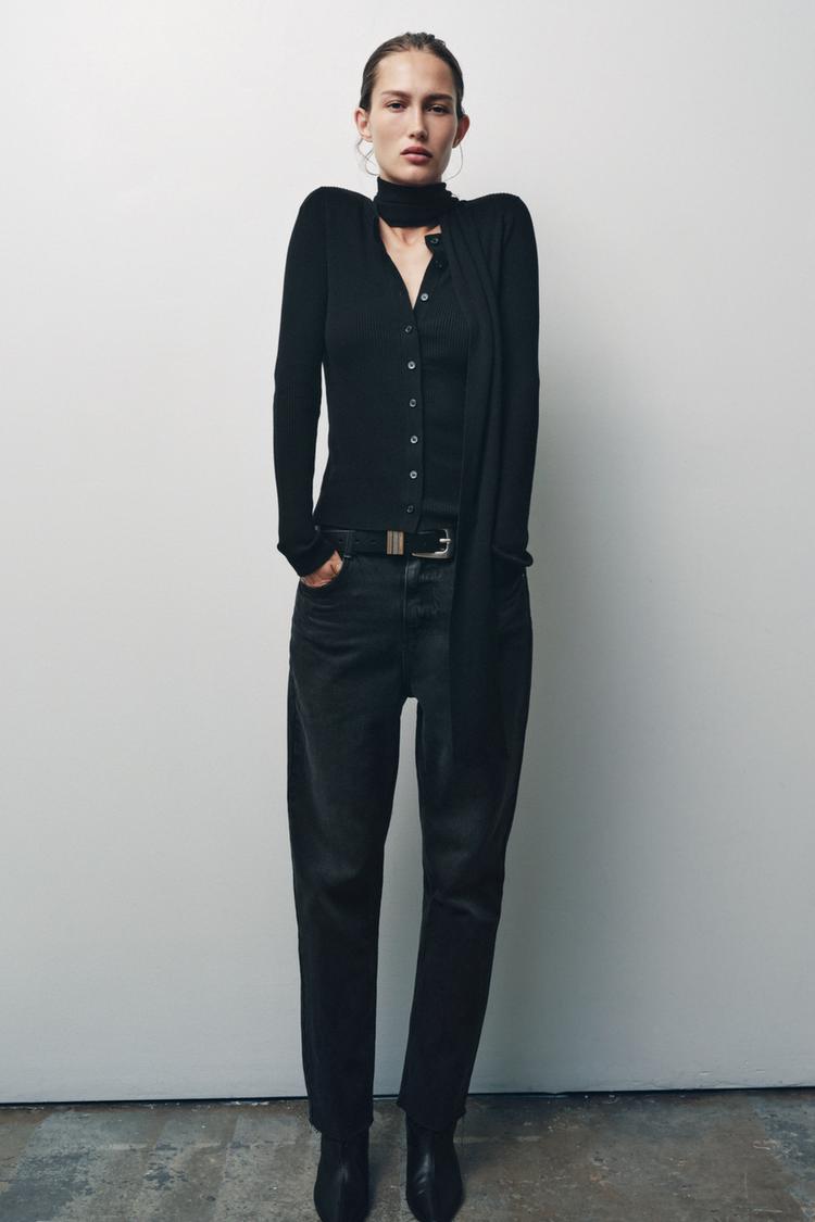 RIB KNIT CARDIGAN WITH SCARF Black ZARA Thailand