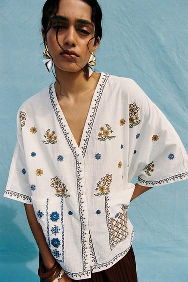 Zara ZW COLLECTION FLORAL EMBROIDERED BLOUSE - Multicolored