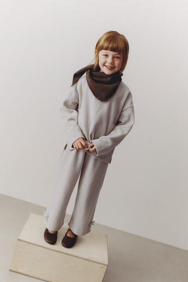 Zara 柔軟觸感蝴蝶結寬管褲 - 沙色 / 斑紋