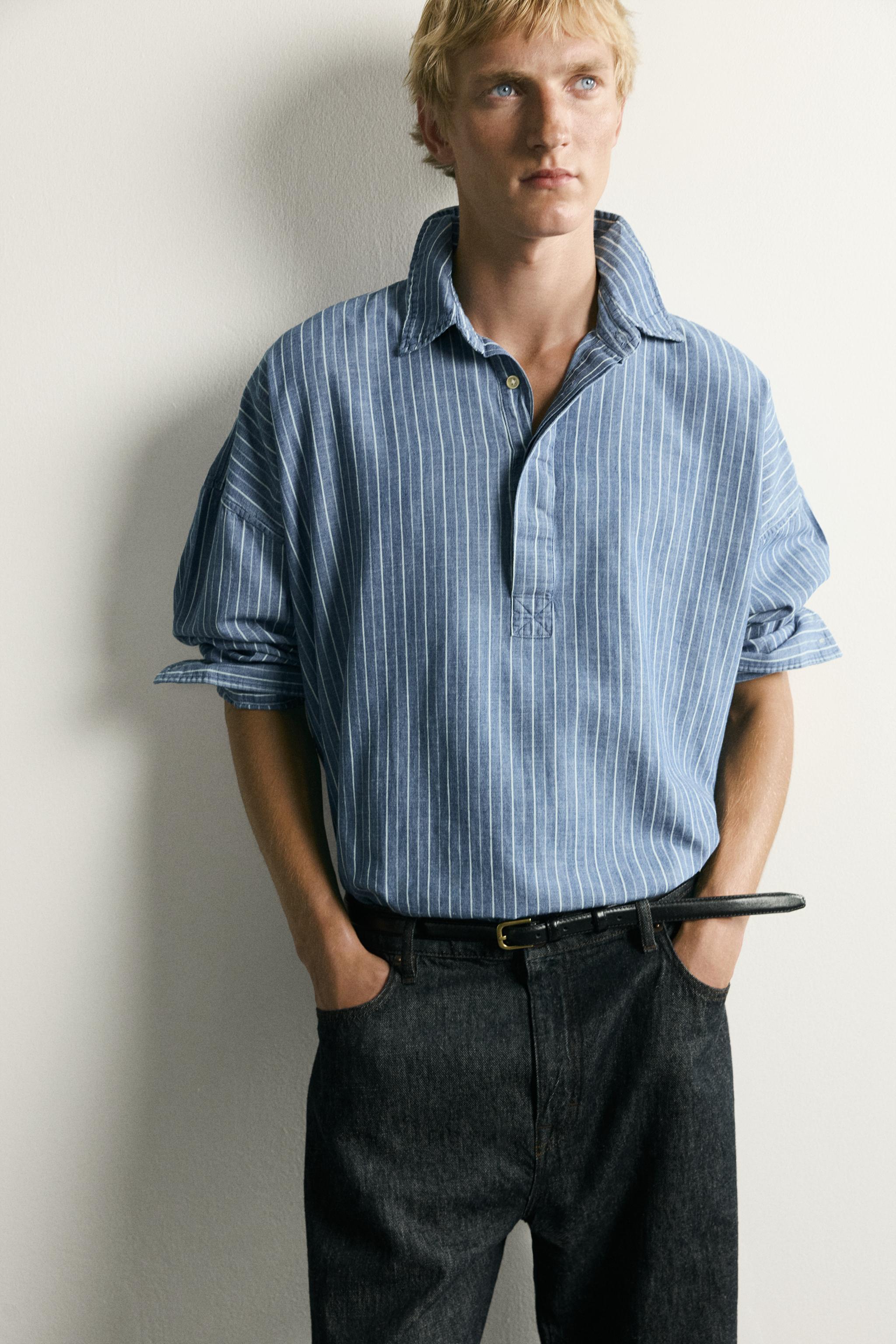 Мужские рубашки Zara LIGHTWEIGHT STRIPED DENIM POLO SHIRT — фото 5