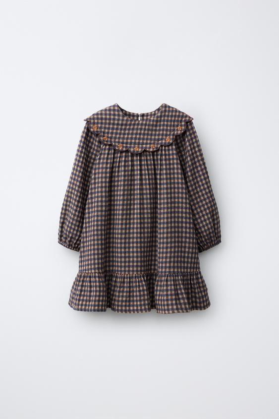 VESTIDO CUADROS FLORES BORDADAS - Marrón claro de Zara - Imagen 0