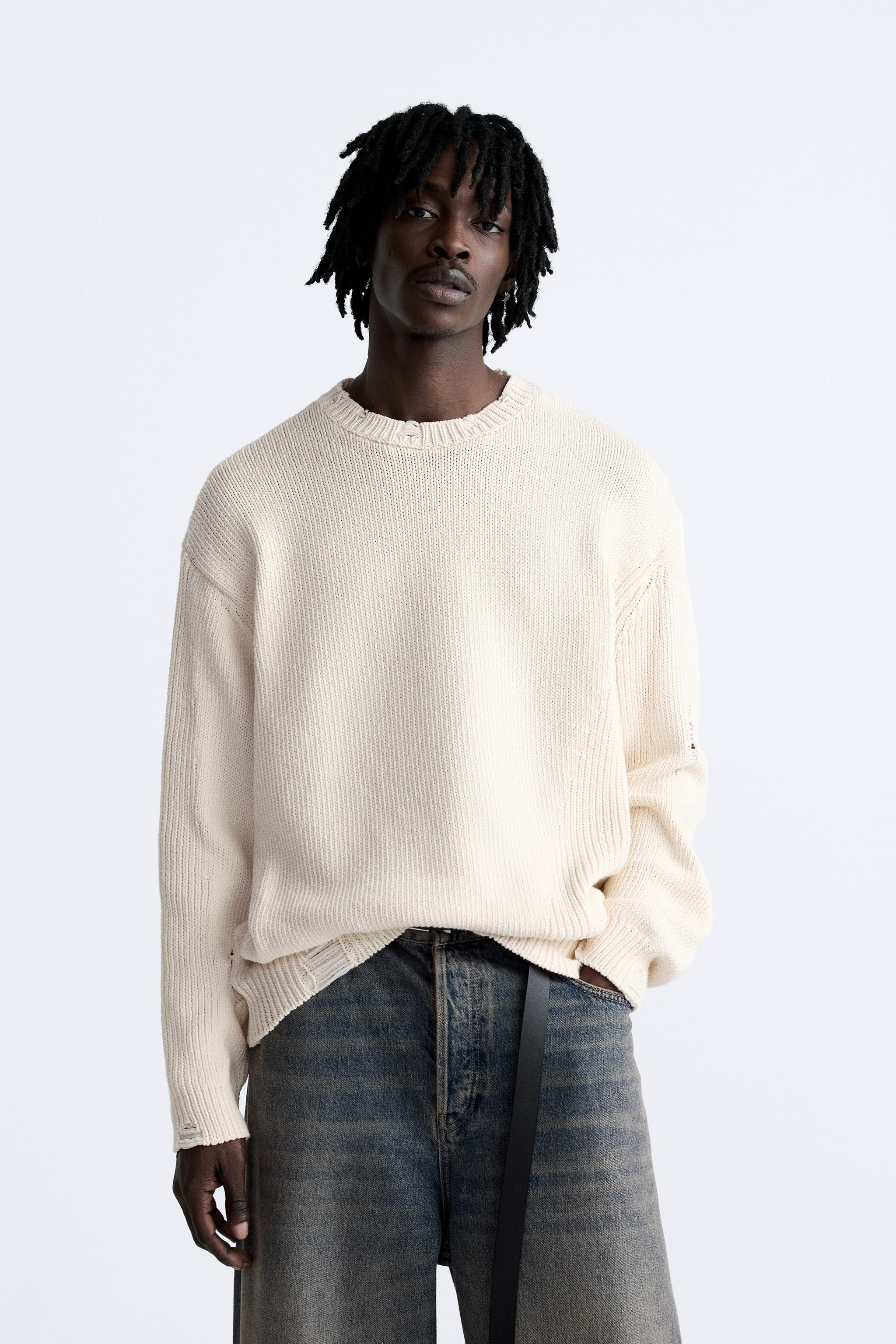 RIBBED KNIT RIPPED SWEATER - Ecru