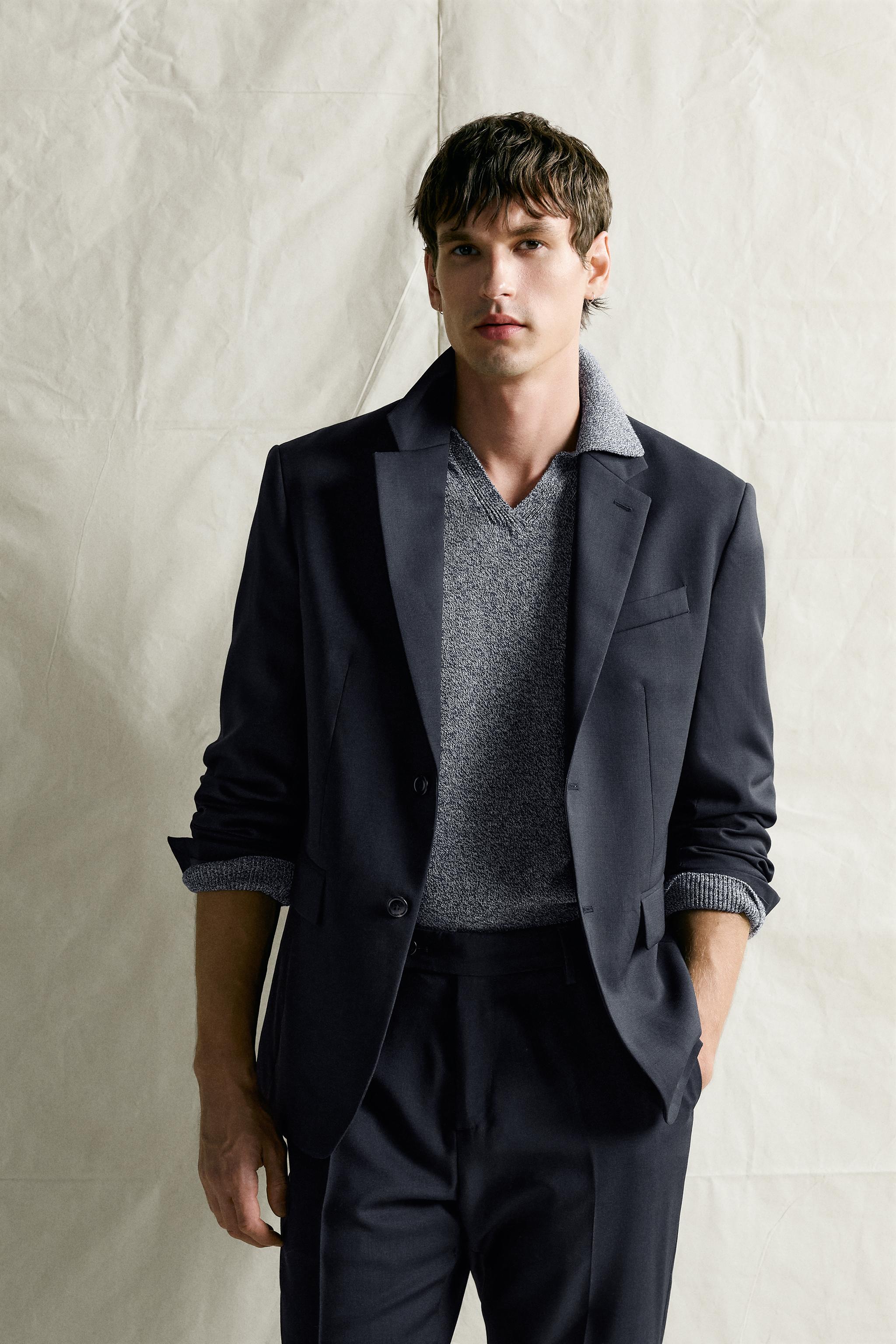 100% WOOL REGULAR FIT SUIT BLAZER — Dark navy