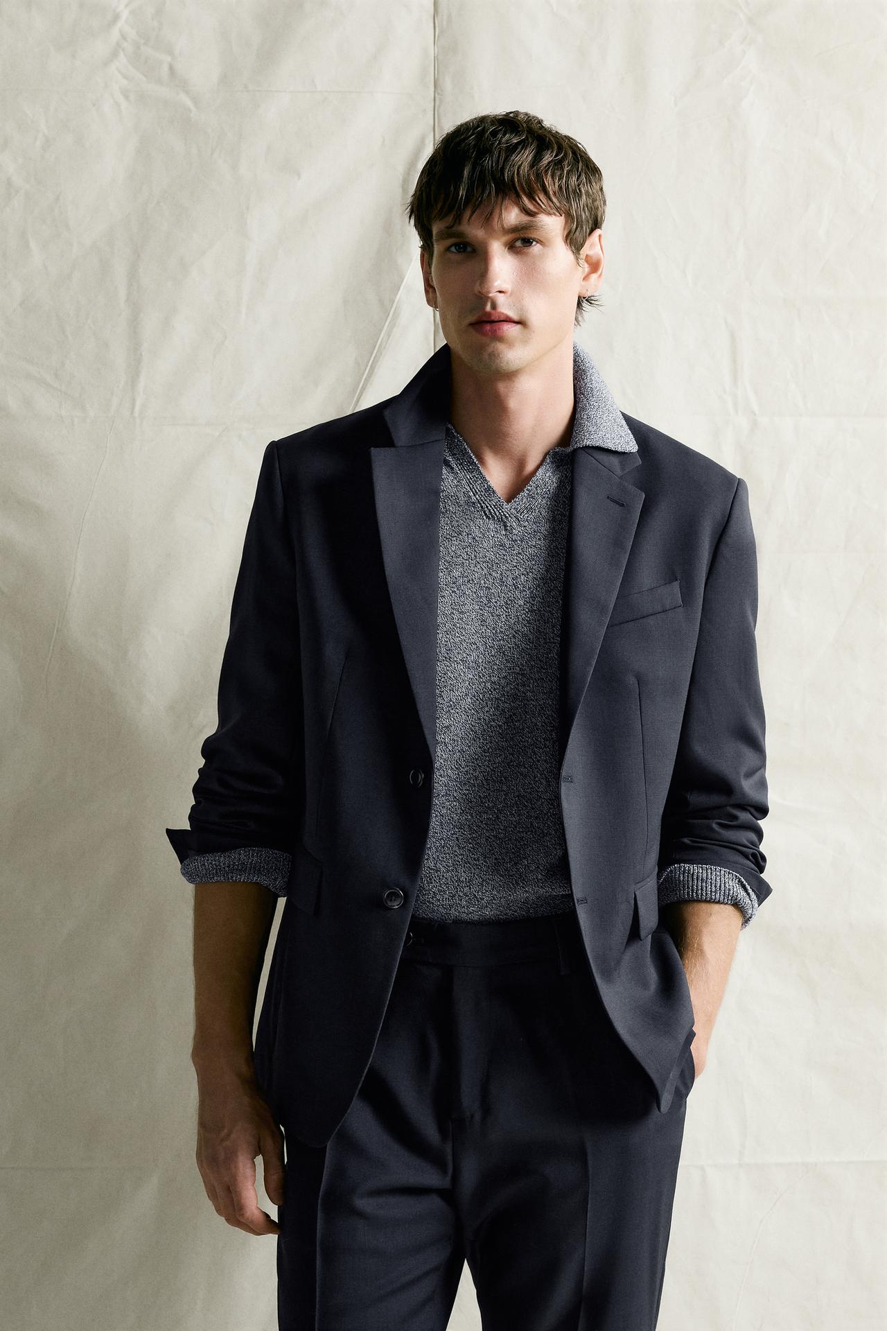 100% WOOL REGULAR FIT SUIT BLAZER — Dark navy
