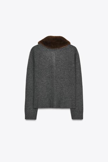 FAUX FUR LAPEL CARDIGAN - Anthracite grey by Zara - Image 5