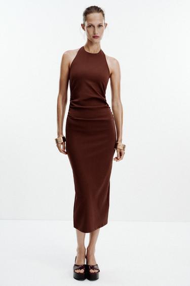 Zara DRAPED HALTER DRESS - Brown